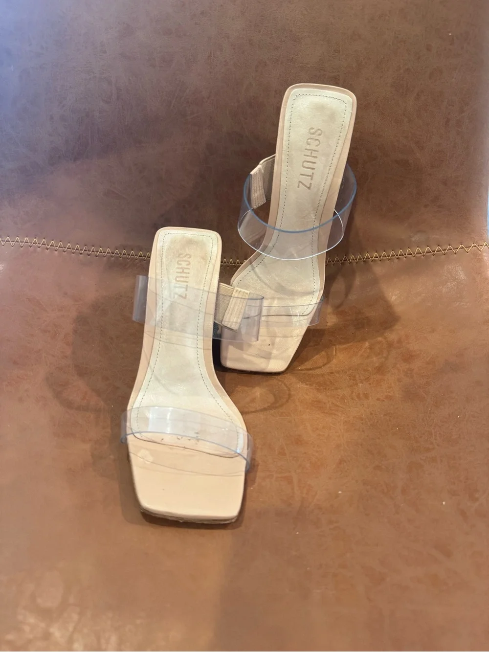 SCHUTZ Nude Clear Strap Rhinestone Block Heel Sandals